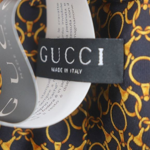 Gucci 100% Silk Cravat Bit Pattern Allover Tie Navy Gold Made In Italymade In - Picture 6 of 9